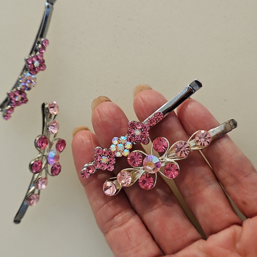 Set of 4 Pink and Aurora Borealis Rhinestone hair pins Special Occasion Bun - Picture 3 of 6